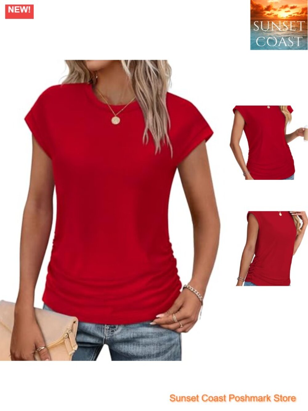 Womens Ruched Cap Short Sleeve T-Shirt Crew Neck Summer Top